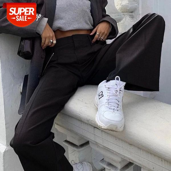 

weekeep streetwear high waisted straight pants lady office elegant solid button fly trousers women slim fashion punk suit pants #ui8b, Black;white