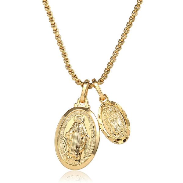 

pendant necklaces 2mm gold color double pendants necklace for men women box chain virgin mary charm christian religious jewelry gifts ldn218, Silver