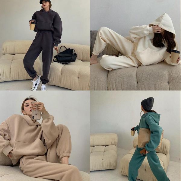 

women's two piece pants autumn winter women joggers 2 sets hooded sweatshirt set casual tracksuit mujer plus size sweatpant outfit, White