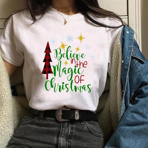 

women print holiday magic snowflake cute christmas womens tees ladies graphic female camisa lady t-shirt t shirt t-shirts, White