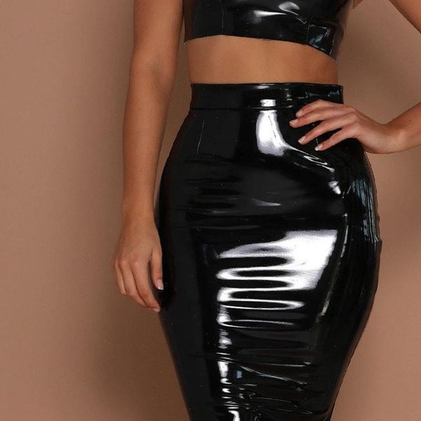 

female leather skirt bodycon elastic short skirts fashion autumn winter elegant patent leather black slim skirts