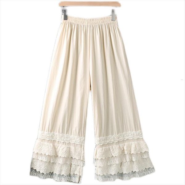 

japan style mori girl womens capris lace ruffles elastic waist loose wide leg cotton linen pantalones female high, Black;white