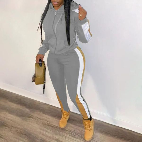 

women's two piece pants color block splicing leisure hooded zipper coat two-piece set autumn and winter, White