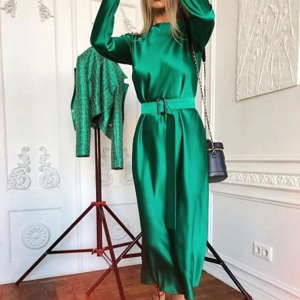 

casual dresses women belt satin dress a-line long sleeve o-neck party regular elegant mid-caif solid fashion 2021 winter, Black;gray