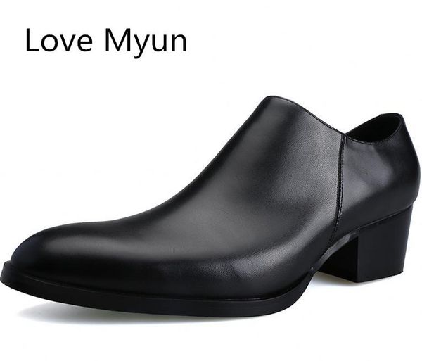 

dress shoes genuine leather men high heels fashion pointed toe zip height increase 5 cm black wedding career work