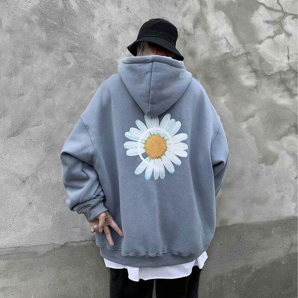 

men's hoodies & sweatshirts korean print daisy loose streetwear harajuku hoodie 2021 spring autumn vintage couples thicken coat plus si, Black