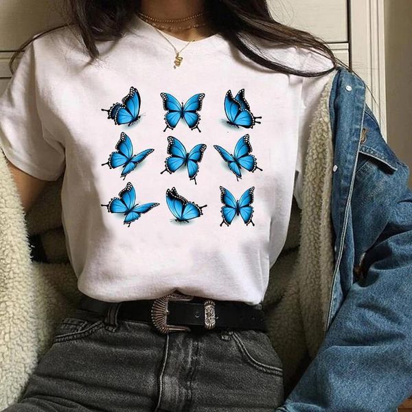 

women printing print graphic butterfly elegant 90s style cute fashion clothes lady tees female t shirt womens t-shirt, White