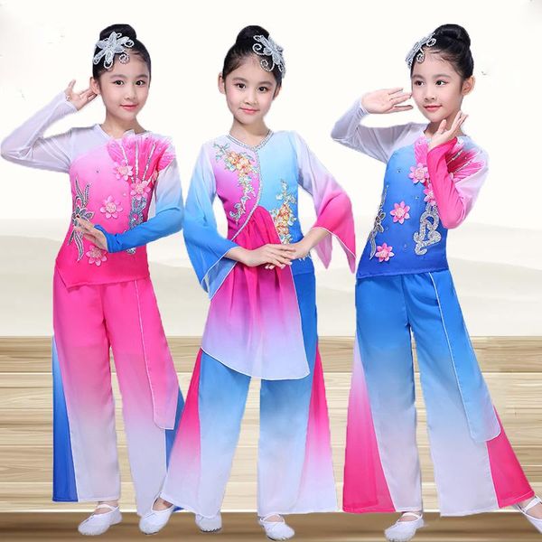 

stage wear children's folk dance classical performance clothing yangko dancing clothes girl fan umbrella national costume, Black;red