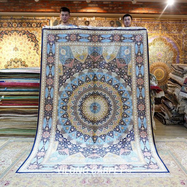 

carpets yilong 6'x9' hand knotted persian blue antique medallion silk rug (zqg436a)
