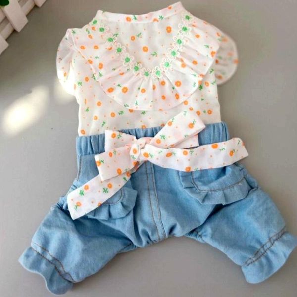 

dog apparel cute floral clothes denim jumpsuit overalls puppy small costumes outfit yorkshire pomeranian poodle schnauzer clothing