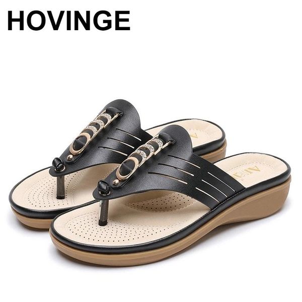 

slippers hovinge women shoes bohemia summer female flip flops metal buckle flat slope with wedges breathable crystal woman beach, Black