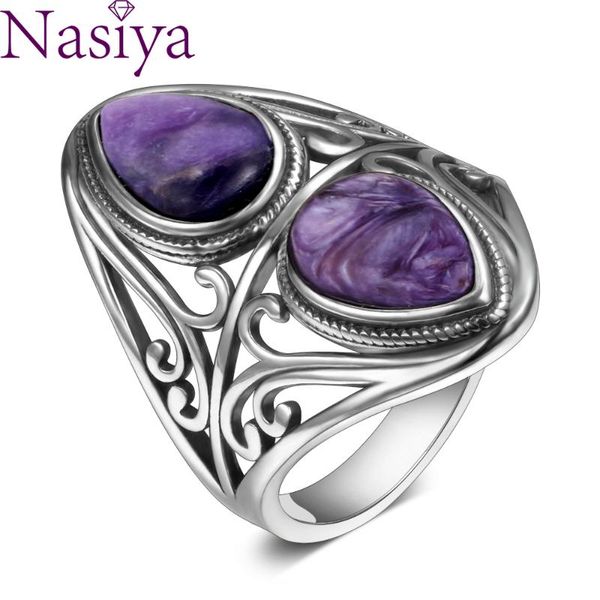 

cluster rings charms 6x9mm natural charoite beads women's 925 sterling silver jewelry vintage ring anniversary party gifts for women, Golden;silver