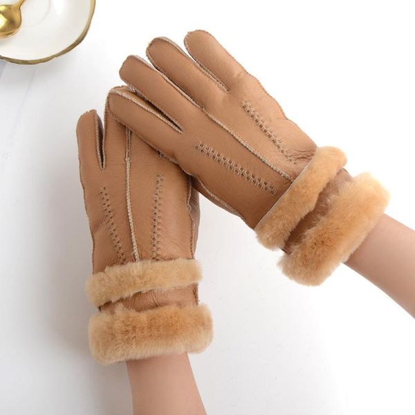 

sports gloves winter outdoor women mittens real sheep fur warm wool sheepskin leather plush guantes s2747, Black