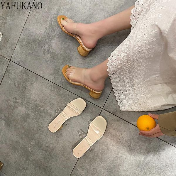 

slippers transparent pvc casual slides female summer fairy style wood chunky heel high heels fashion word with party dress shoes, Black