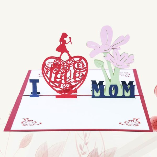 

3d greeting cards i love mom wish hollow papercraft for mother's day (red)