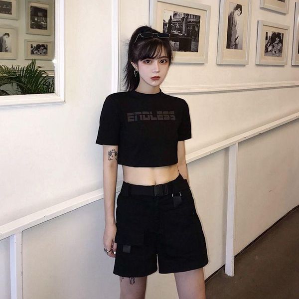 

women's t-shirt hong kong style retro open navel loose short female 2021 summer student black sleeve, White