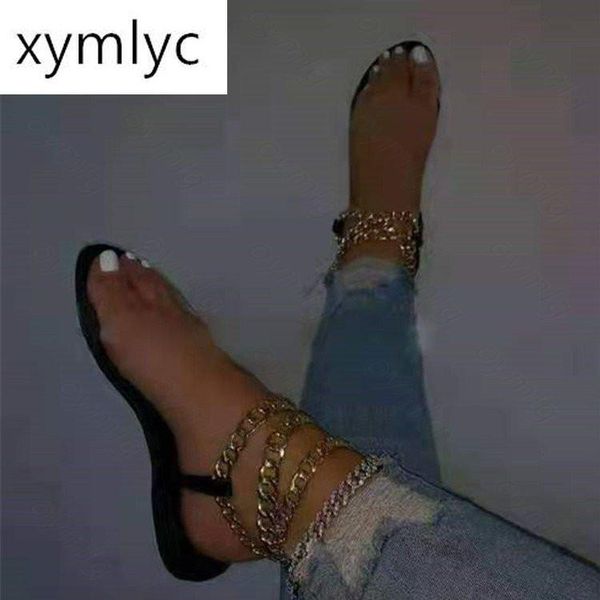 

sandals women summer basic flats shoes woman pvc leather plus size flip thong gothic chain sandalias mujer sapato feminino, Black