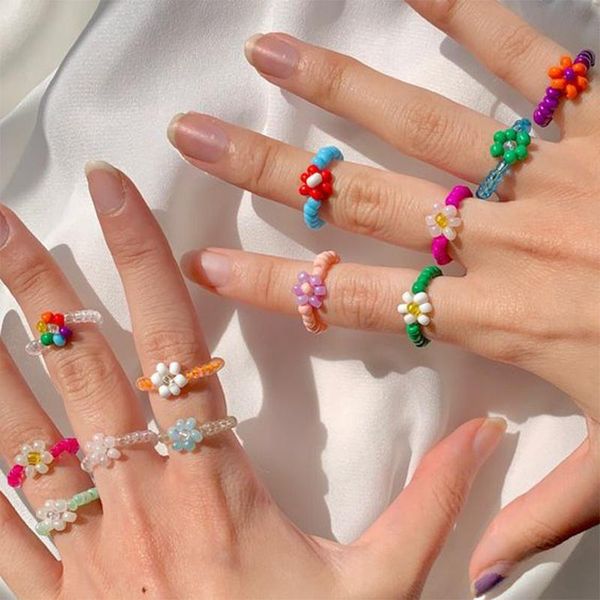 

cluster rings summer vibes colorful beaded flower handmade elastic green beads ring with daisy korean style spring jewelry gift for her, Golden;silver