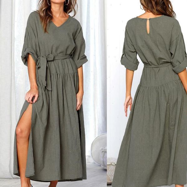 

dress women long sleeve v neck split solid sashes fashion dresses ladies casual loose maxi dress women 2018aug3, Black;gray