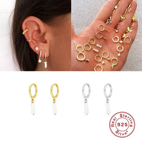 

hoop & huggie aide creative luxury pearl string pendant earrings for women girls wedding engagement gifts 925 sterling silver oorbellen, Golden;silver