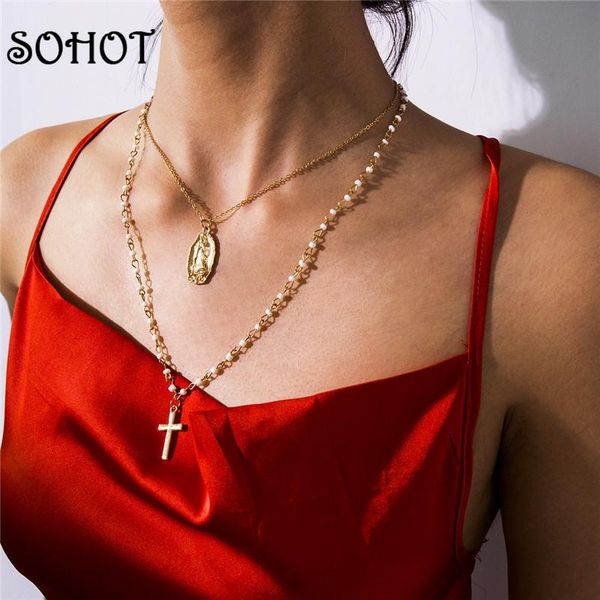 

pendant necklaces so european jesus emboss cross dangle women necklace minimalist style trendy bead double-layer lady jewelry bijoux, Silver