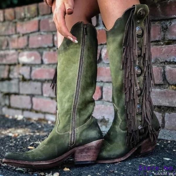 

boots women knee high big size chunky mid heels shoes booties vintage pu leather gladiator tassels co shoe botas, Black