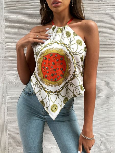 

halter neck chain & scarf print asymmetrical hem d3bn#, White