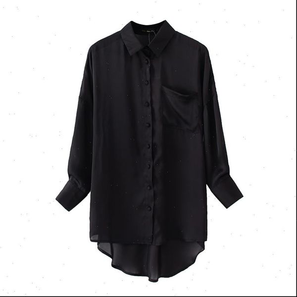 

2021 women black oversized loose pocket satin silk blouses shirts office lady summer boyfriend long sleeve button, White
