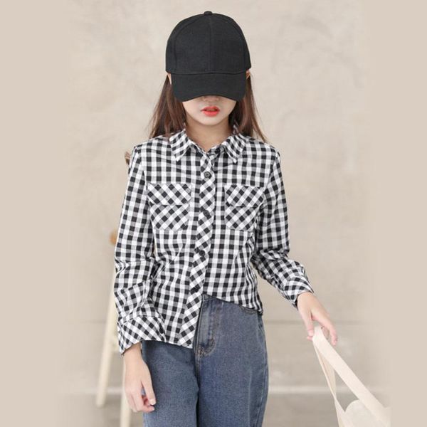 

yourseason 6 to16 years girls 2021 spring autumn loose blouse turn down collar teen girls bab cotton retro plaid shirts pocket, White;black