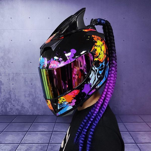 

motorcycle helmets full face helmet riding safety double lens racing individuality braids horns