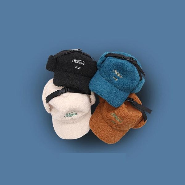 

wide brim hats autumn and winter retro pilot lamb wool letters cycling lei feng cap men women ear caps baseball, Blue;gray