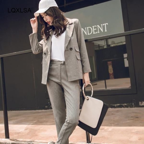 

women suit gray casual blazer & high waist pant office lady notched jacket pant suits korean femme 2 pieces set, White