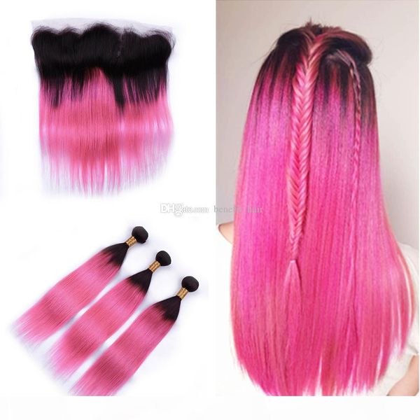 

brazilian #1b pink lace frontal with silky straight hair 3bundles ombre colored black and pink hair weaves extensions with frontal 13x4