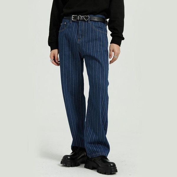 

new male streetwear fashion hip hop denim pants men vintage casual loose straight stripe jeans trousers, Blue