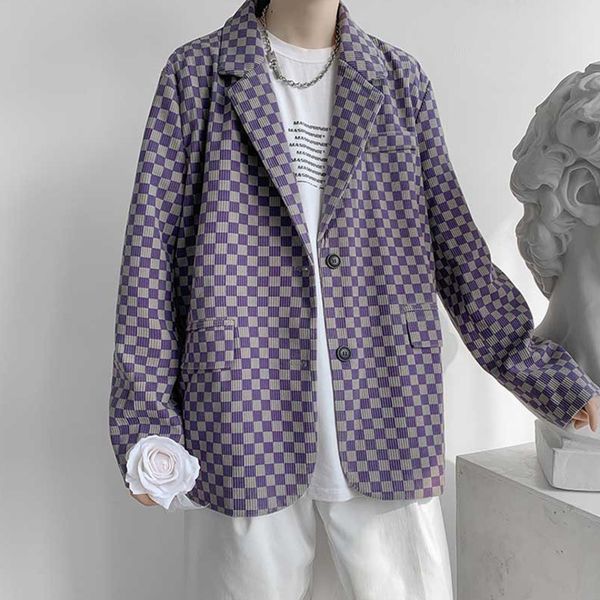 

checkerboard plaid print men's silhouette loose corduroy suit coat casual autumn and winter 2021 new single breasted blazer, White;black