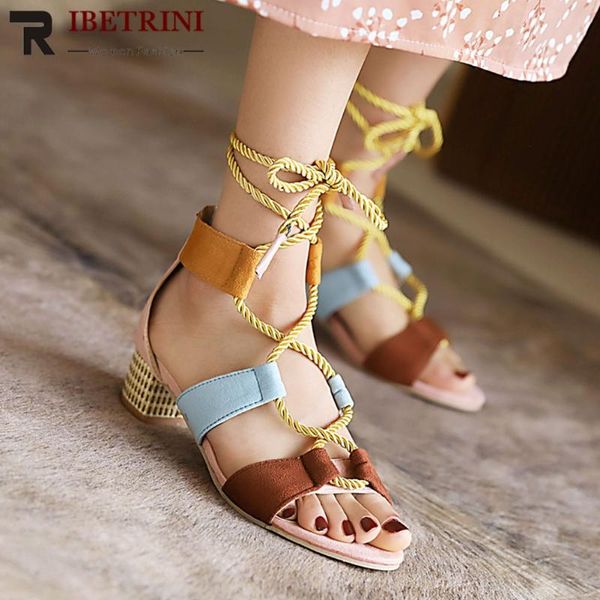 

sandals ribetrini vintage women shoes mixed color lace up open toe chunky heel casual leisure comfy summer, Black