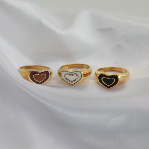 

cluster rings joolim high end pvd plated stainless steel double heart enamel 2021 trendy white black brown jewelry, Golden;silver
