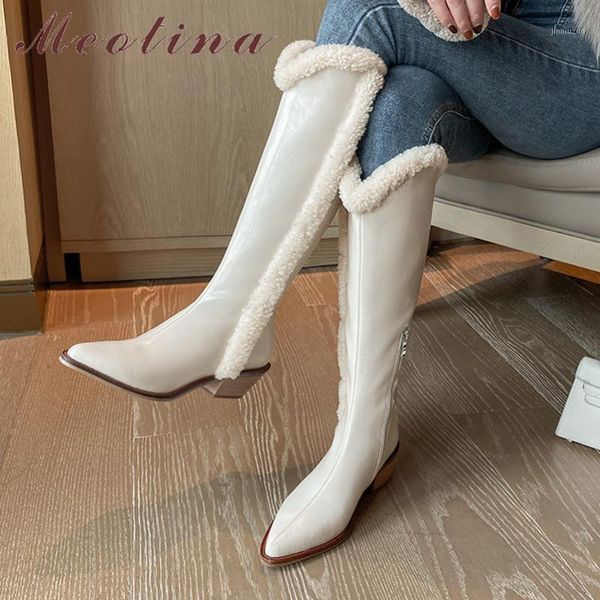 

boots meotina genuine leather knee high women western pointed toe heel long zip thick female shoes white1, Black