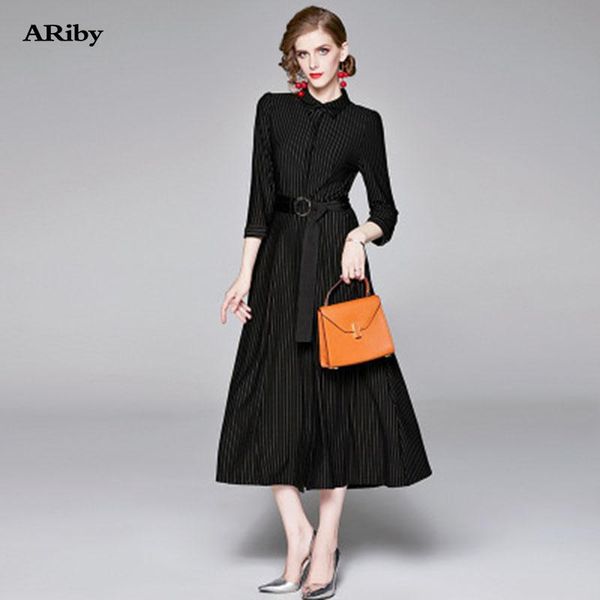 

two piece dress ariby slim high-end european foreign trade western style early autumn striped shirt fashion design feel skirt, White