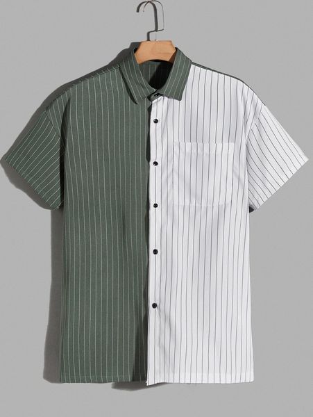 

men colorblock & striped print patch pocket shirt d1na#, White;black