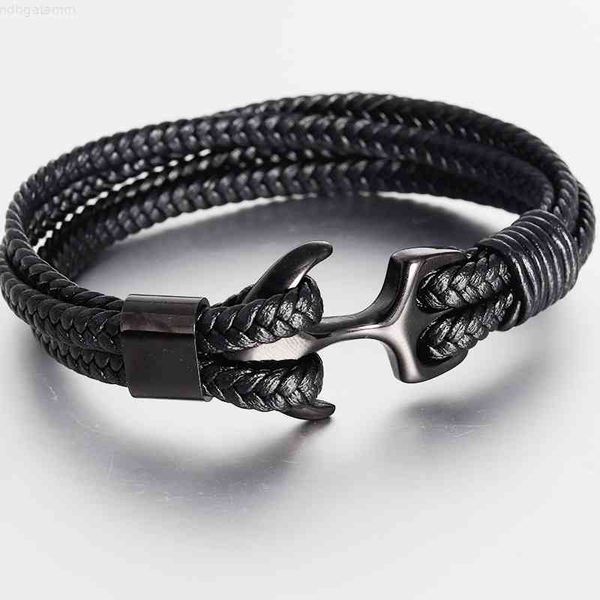 

titanium steel black personality woven anchor leather rope bracelet for men gift, Red;brown