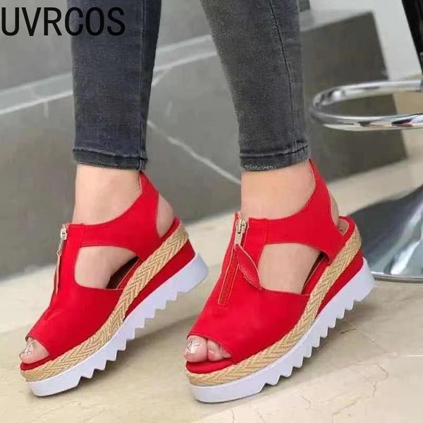 

dress shoes ladies sandals thick-soled open toe increased roman 2021 summer style zip suede wedge women zapatillas mujer, Black