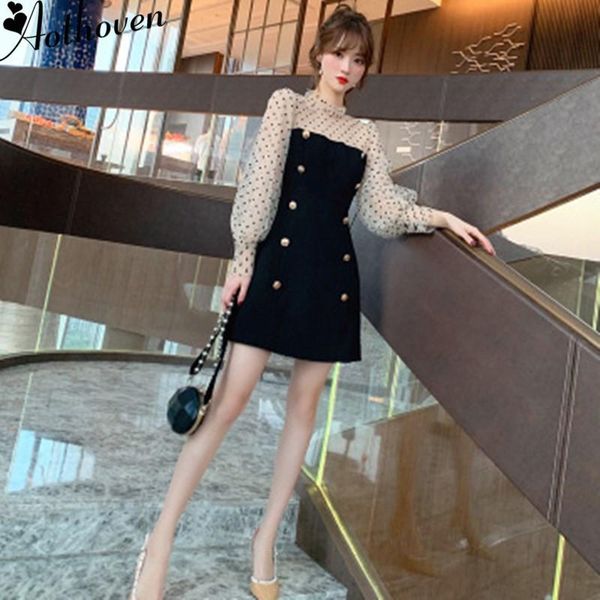 

casual dresses autumn mesh patchwork a line dot long lantern sleeve women dress office bandage vintage party vestidos, Black;gray