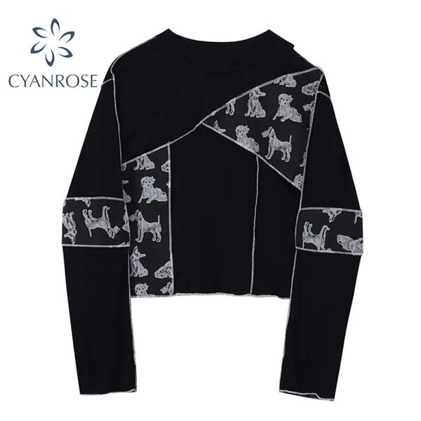 

women's spring streetwear spliced t shirt or fashion long sleeve black crop skinny jumper tees female harajuku pop 210623, White