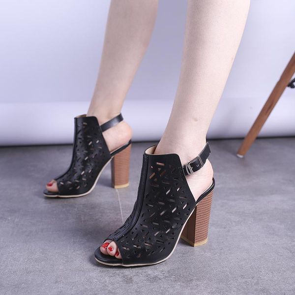 

sandals women high heels classic peep toe hollow out buckle strap pumps solid casual shoes femmes sandales plus size, Black