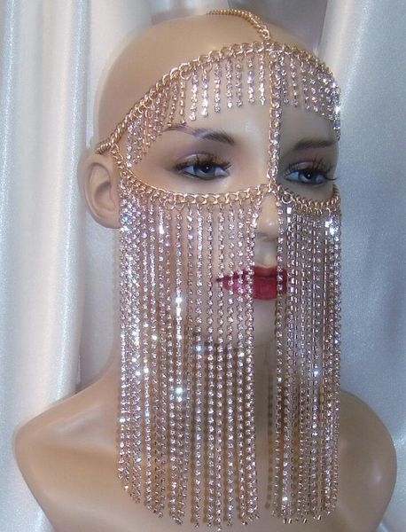 

women rock harness gold color chains head jewelry unique design luxury crystal chain tassels face mask chains jewelry, Silver