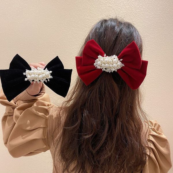 

hair jewelry bridal red velvet bow hairpin korean temperament elegant headdress spring clip net personality trendy female, Golden;white