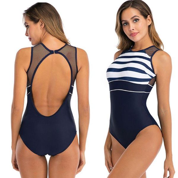 

women one piece bikini mesh patchwork backless crew neck stripes swimsuit