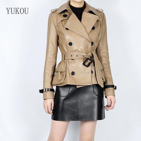 

women's leather & faux yukou woman coats fashion windbreaker female real sheepskin leatherjackets waistband decoration s, Black