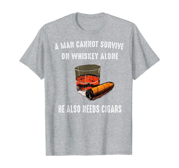 

man can not survive on whiskey alone cigar t-shirt, White;black